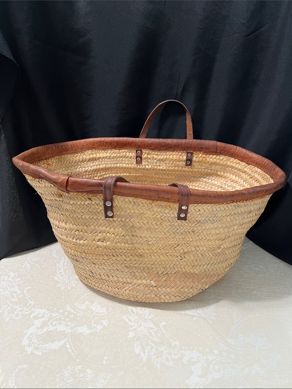 Woven Straw French Market Tote with Brown Leather Trim - Large size
